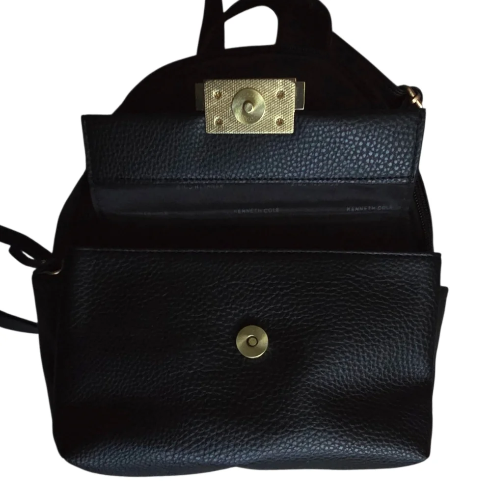 Kenneth Cole Reaction Mini Backpack Black Pebbled Faux Leather Gold Hardware